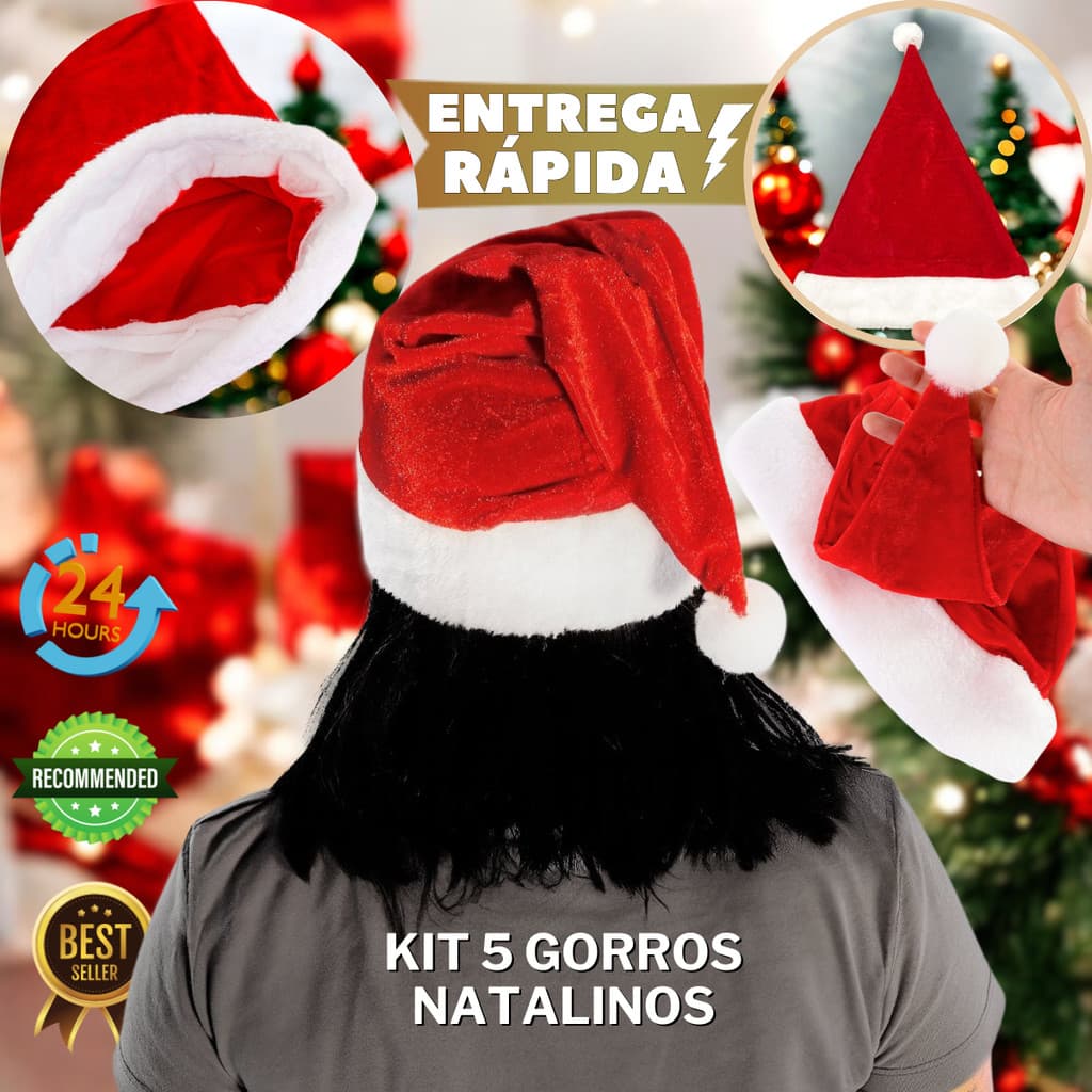 Kit 5 Gorro Natal Papai Noel Veludo Vermelho 40cm Touca Premium Elegância Decoração natalina lojas