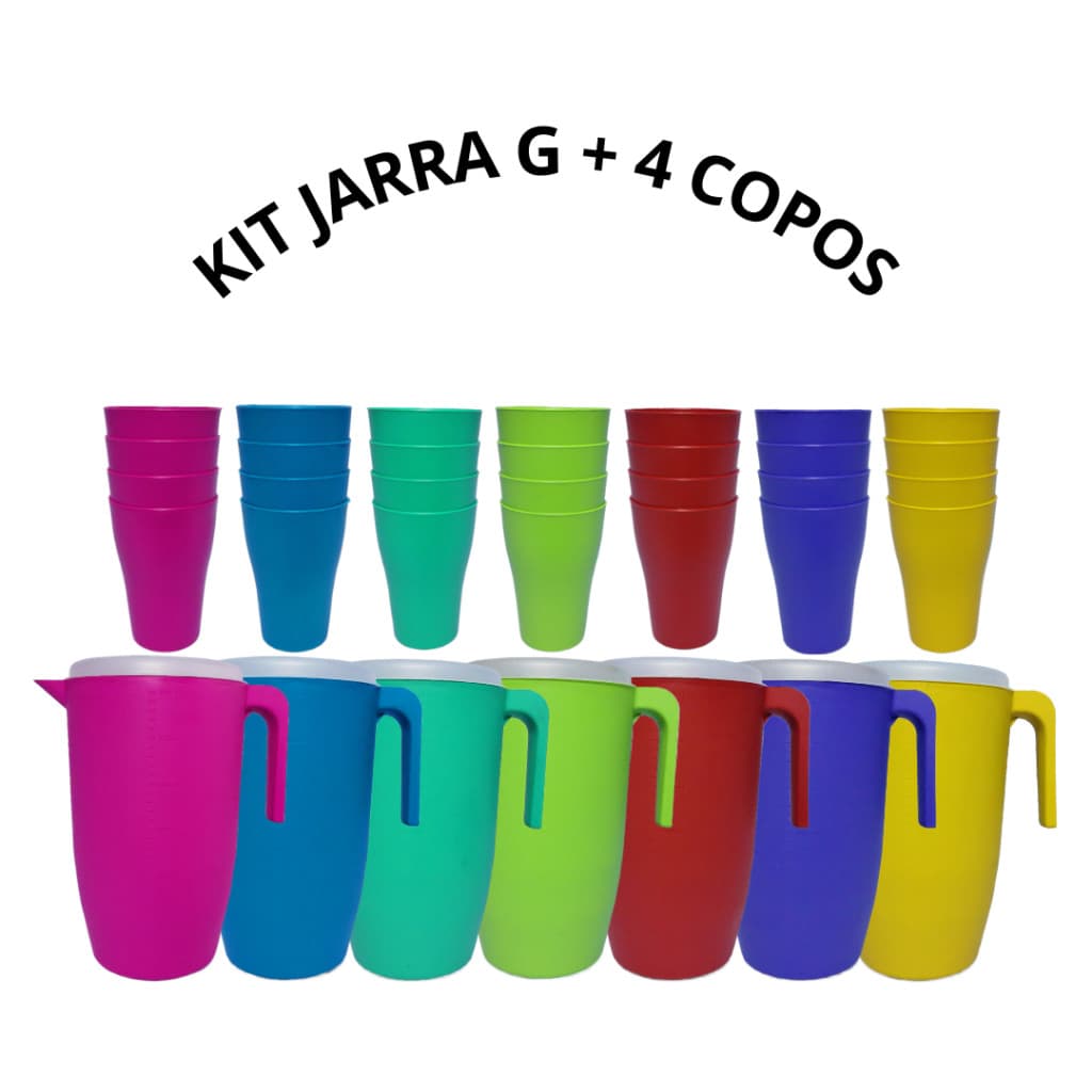 Conjunto de 1 Jarra 3 Litros Plastico com Tampa + 4 Copos de Plástico Merenda Escola Lanchonete casa