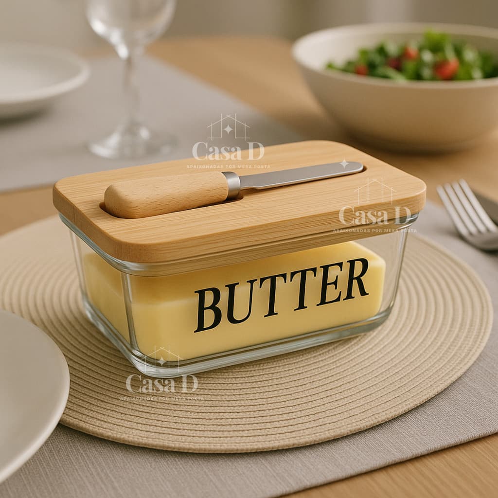 Manteigueira Porta Manteiga Wolff de Vidro com Espátula e Tampa de Bambu Requintada Grande Butter Estampada Mesa Posta