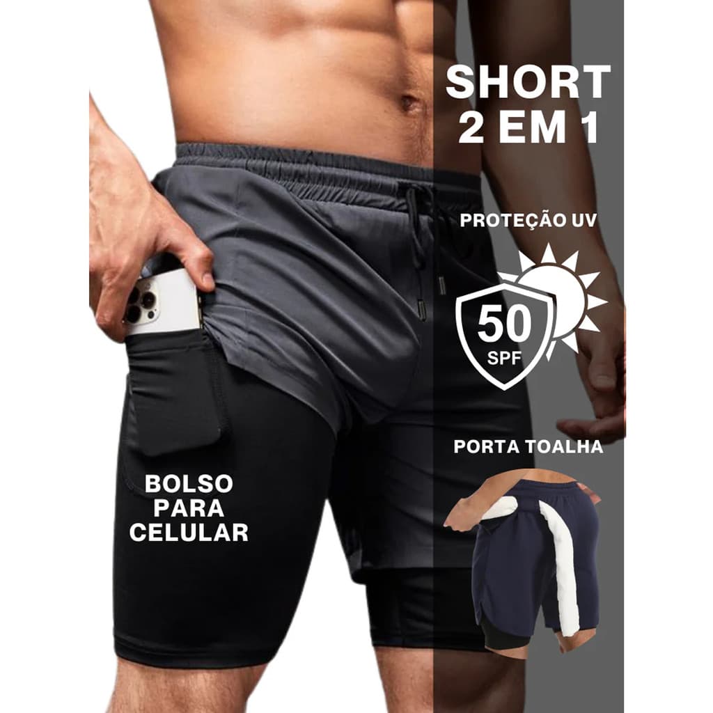 Bermuda Short 2 em 1 Para Corrida Treino Academia Proteção UV