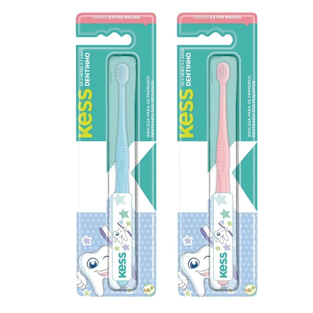 Escova Dental Infantil Bebê 6 a 24 meses Kess Dentinho Cerdas Extra Macia Rosa Azul