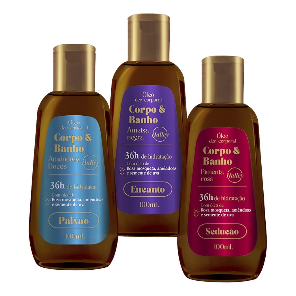 Halley Óleos Deo Corpo & Banho Kit 3 Óleos Corporais P/ Banho Amêndoas, Ameixa e Pimenta