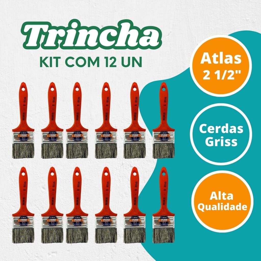 Kit 12 un pinceis Trincha para Pintura pincel 2 1/2" Pol Atlas tintas acrílicas e latex