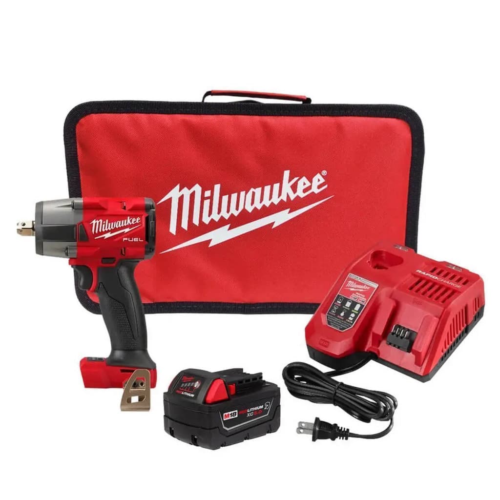 Kit Chave de Impacto 1/2" com Pino Fuel MILWAUKEE 2962P-159N com Bateria 18V XC 5.0Ah Carregador Bivolt e Bolsa