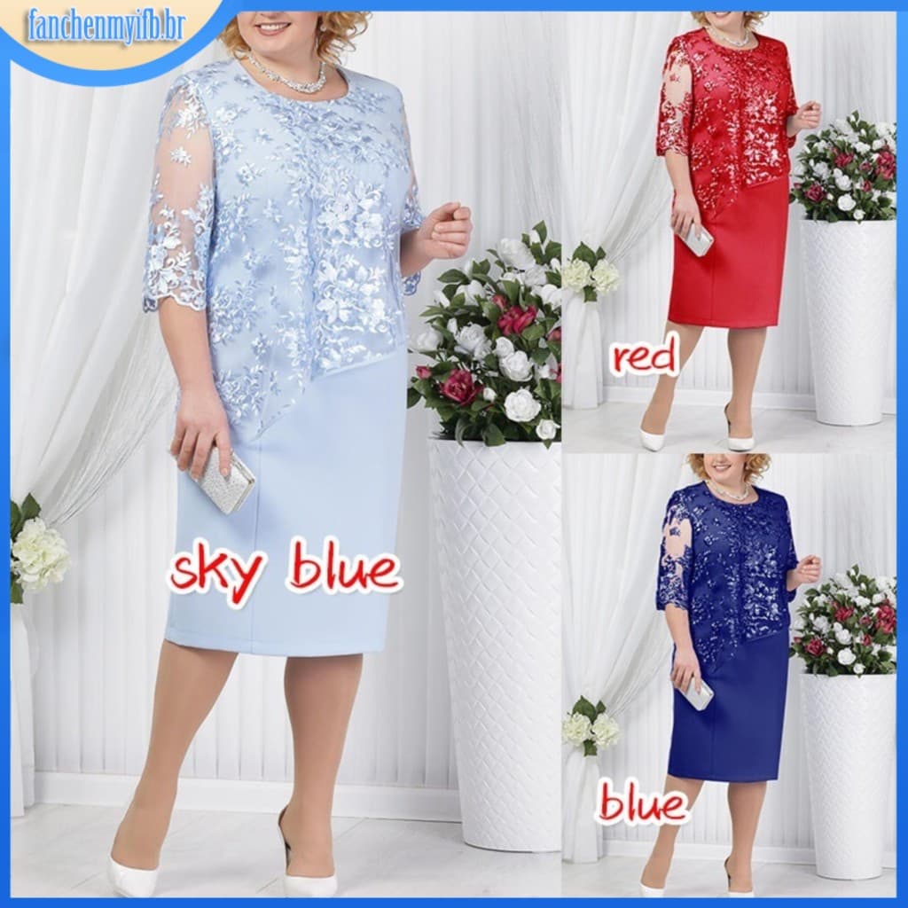 YYR-Vestido Midi Floral De Renda Com Manga Média Plus Size Para Festas