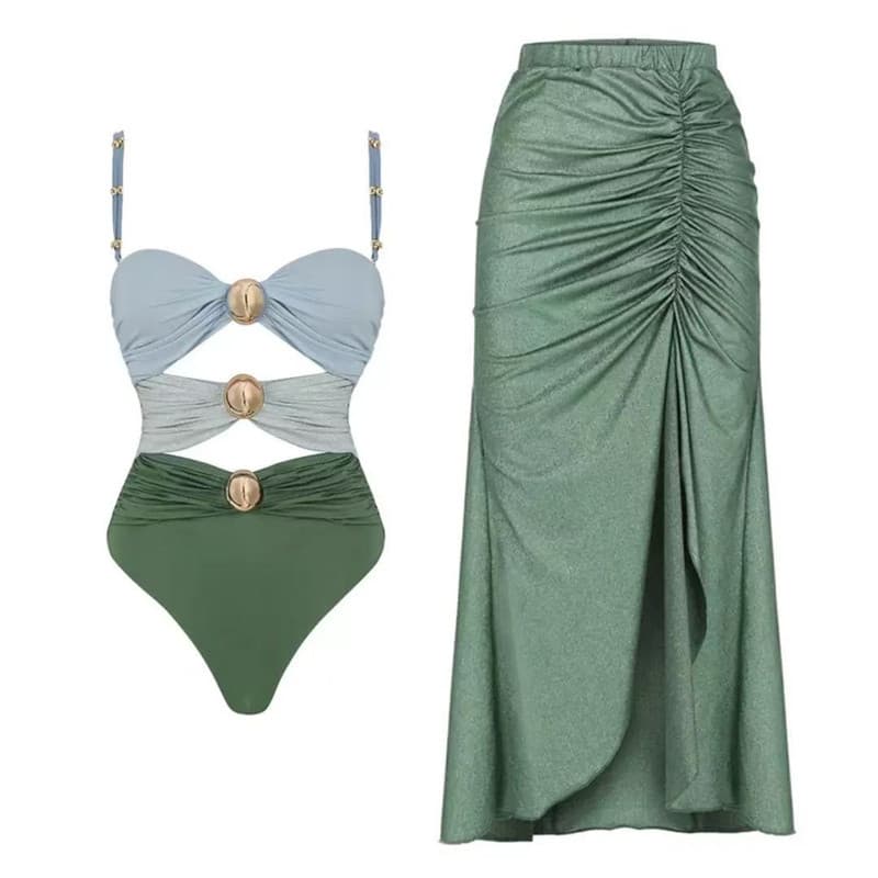 Conjunto Feminino Maiô Bikini Com Recortes E Saia De Praia