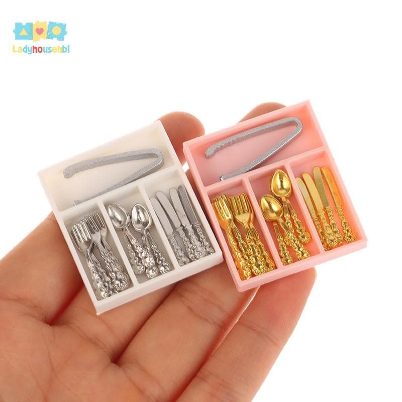 LAHG > 1 Conjunto 1 : 12 Casa De Bonecas Garfo Colher Clipes Talheres Com Caixa Armazenamento Suprimentos Cozinha Utensí