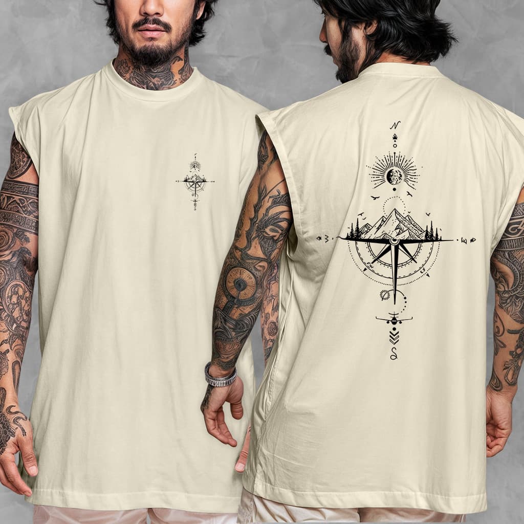 Camiseta Regata Oversized Streetwear Estampada Rosa dos Ventos Montanha Em Algodão