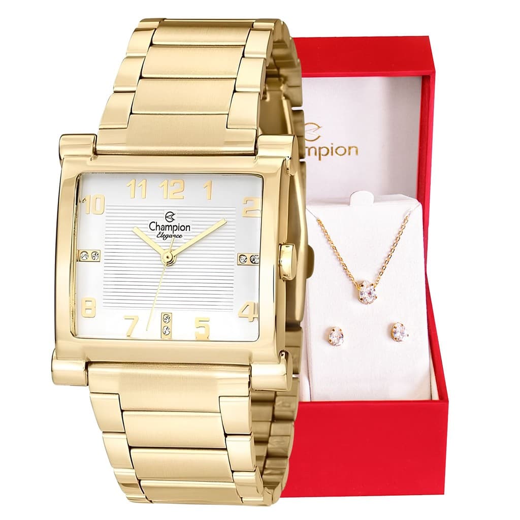 Relógio Champion Feminino Original Quadrado Dourado CN25369W + kit  Conjunto Colar e Brinco