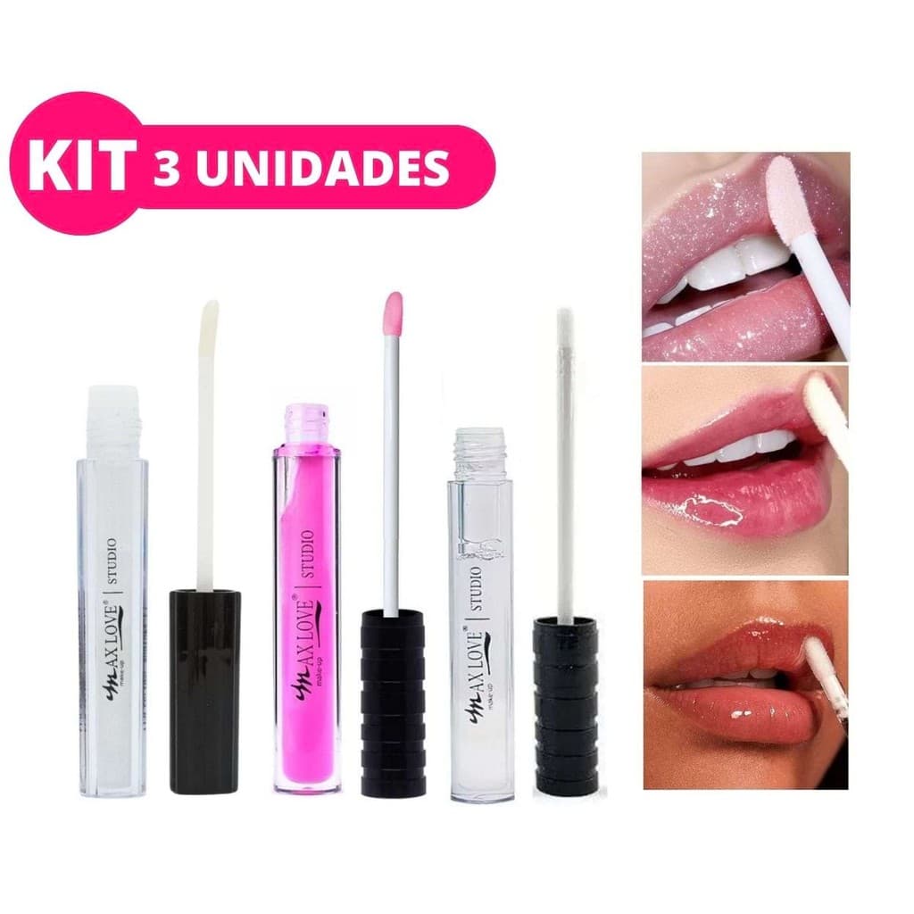 Kit Gloss Labial Max Love 3 Unidades Hidratante Incolor e Glitter Efeito Látex