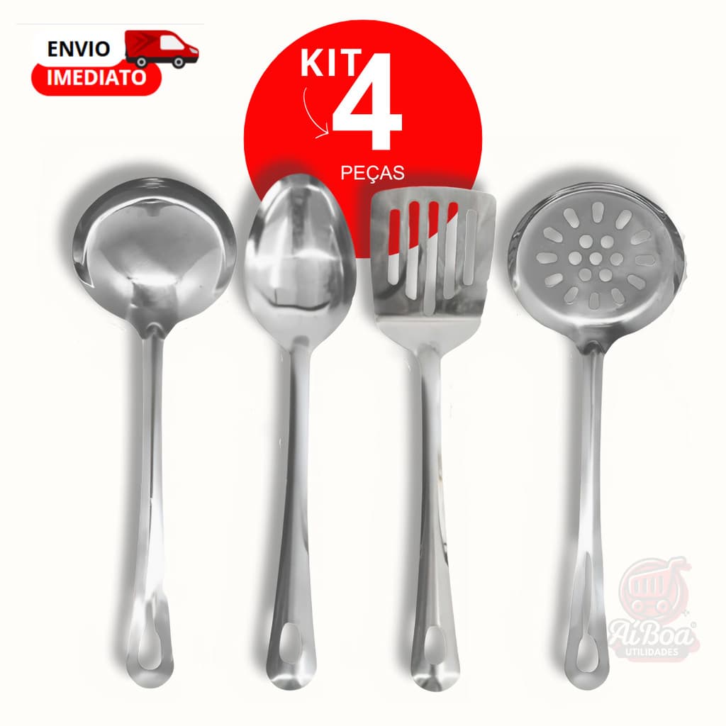 Kit de Utensilios para Cozinha Inox - Espátula Escumadeira Colher de Arroz Concha Louça Comida Casa