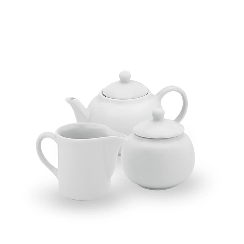 Conjunto bule de café redondo com açucareiro e bandeja porcelana