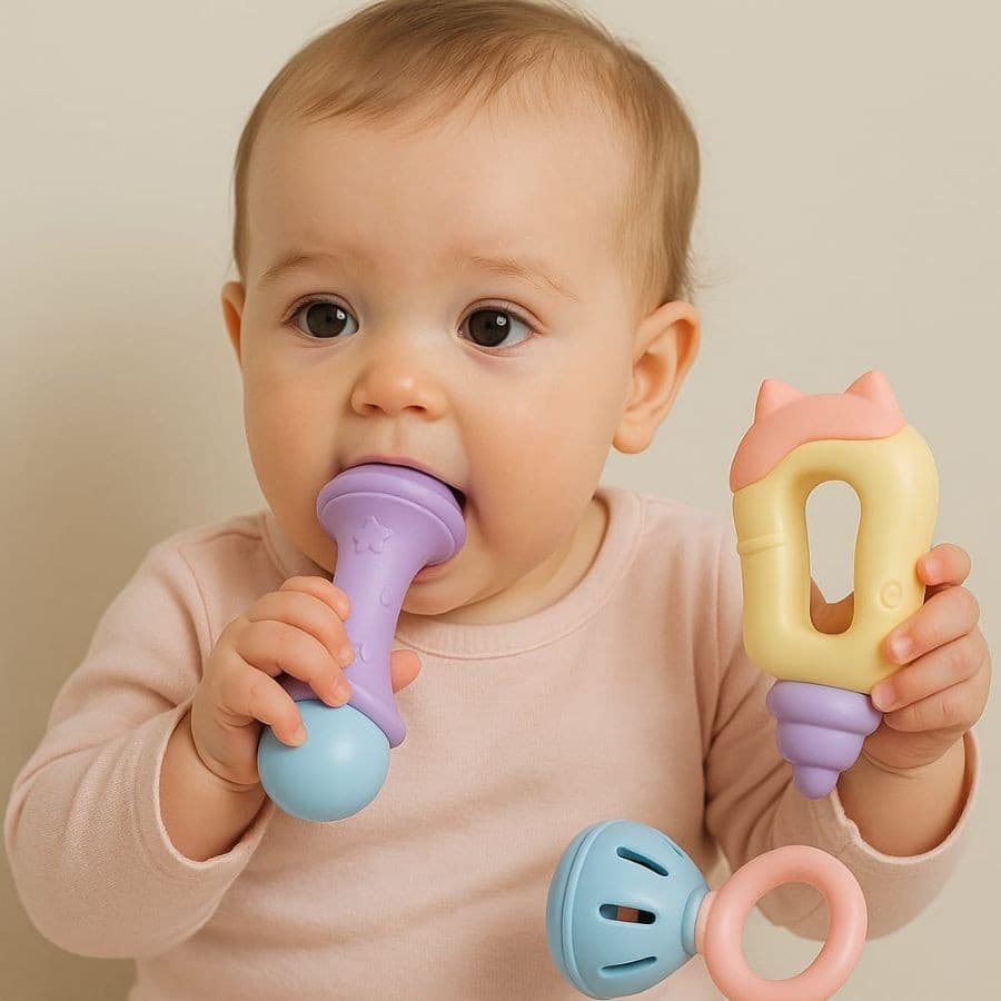 Kit Bebe Mordedor Colorido 3 Peças Chocalho Presente Para Menina e Menino