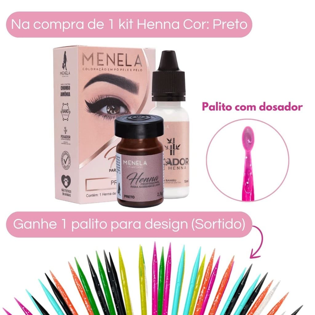 Kit Henna Preto Menela + Palito Para Design De Sobrancelhas (Sortido)