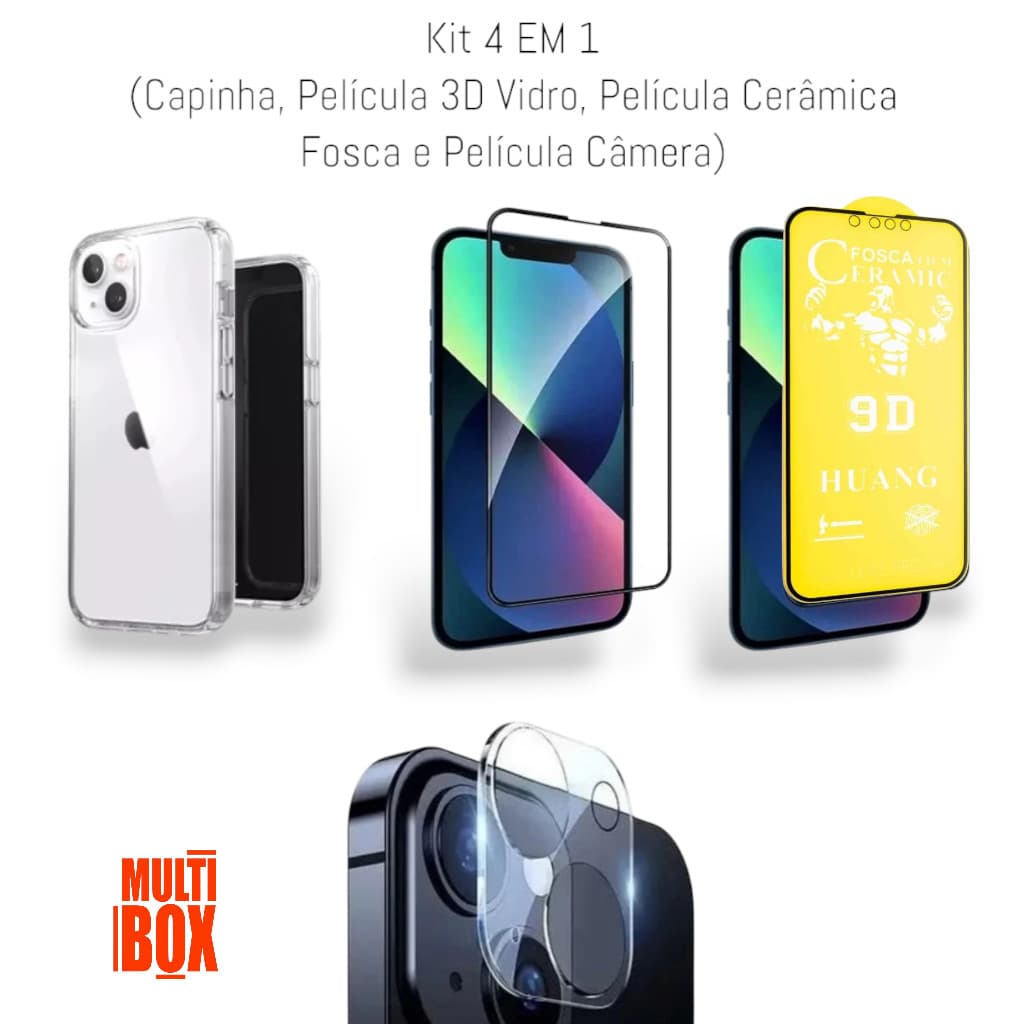Kit Capa + Película de Câmera +  Película Cerâmica Fosca + Película 3D de Vidro Para Iphone 14