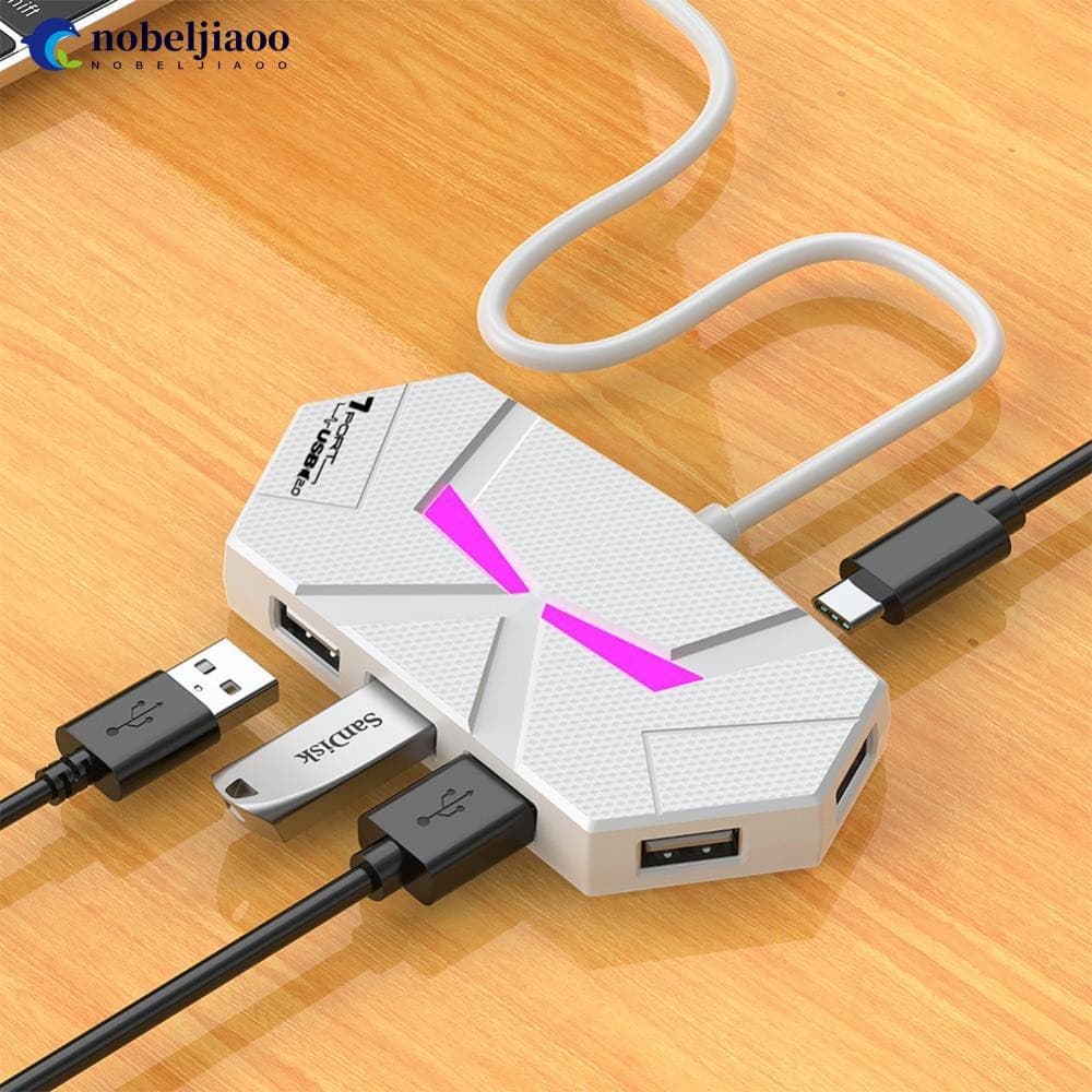 NOBELJIAOO 7/4 Portas USB 2.0 HUB Type C Docking Station 5 Gbps Adaptador Divisor De Transmissão De Alta Velocidade Para