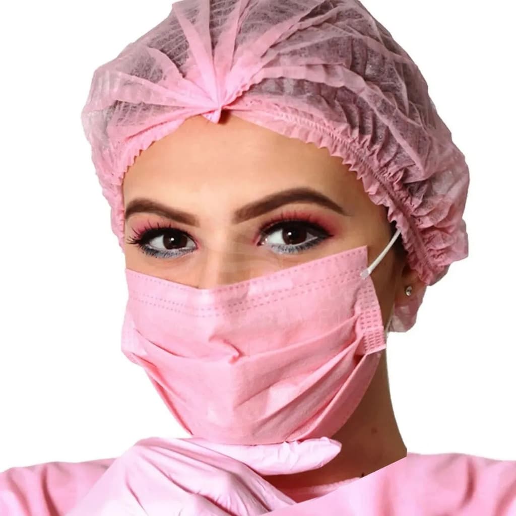 Kit Estética 100 Toucas Tnt Rosa 100 Mascara de proteção Rosa e 100 Luvas Nitrílicas Rosa