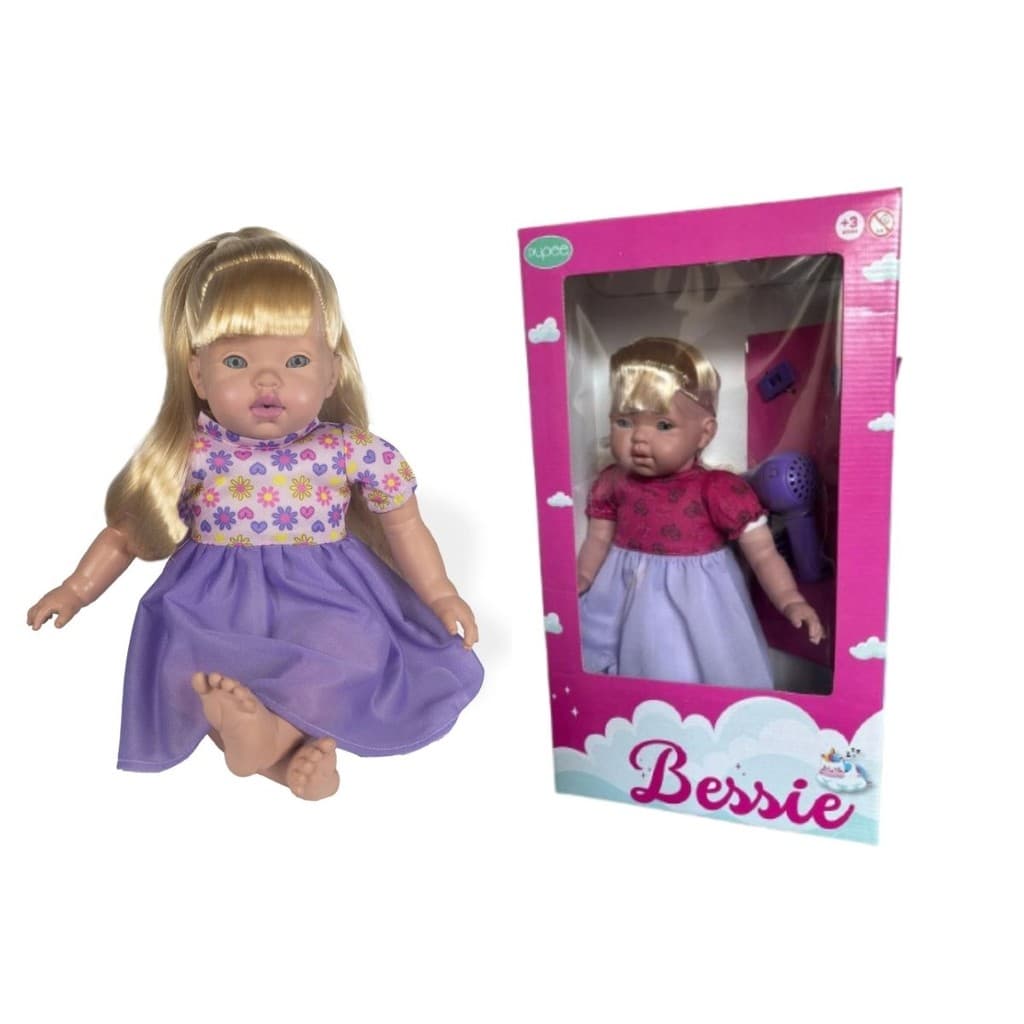 Boneca Bessie Fashion Pupee Com Cabelo e Acessórios Moda Secador Escova e Presilhas Estilo Diversão