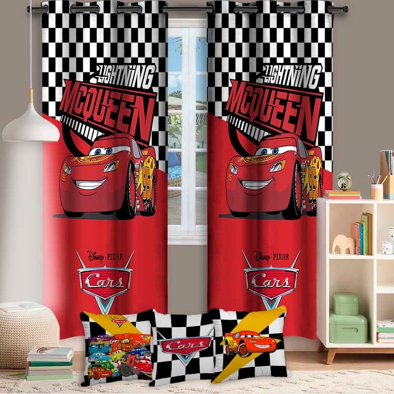 Decoração Infantil para Quarto Menino, Cobre Leito e Cortina com Tema de Corrida, Kit Avulso Carros