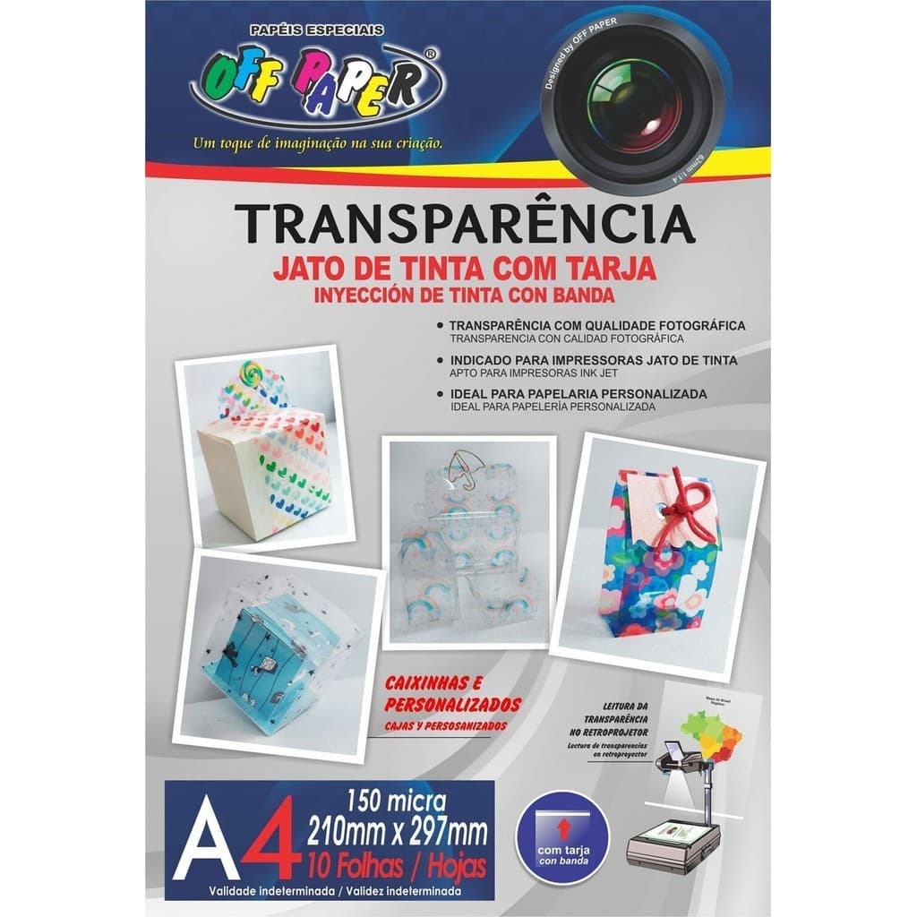 Transparência A4 Jato de Tinta com Tarja 150g com 10 Folhas Slide Retroprojetor Off Paper