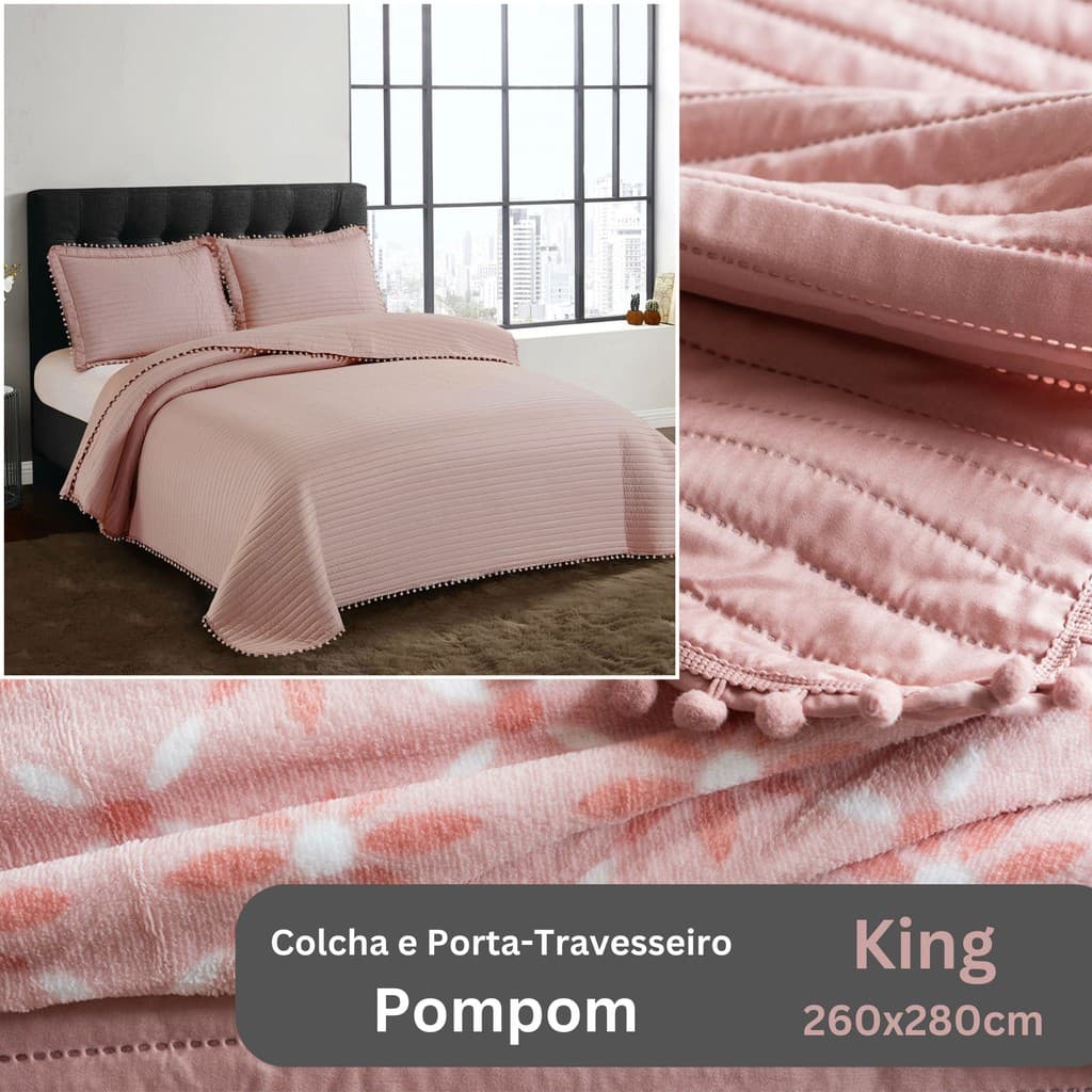 Colcha e porta travesseiro Pompom King 260x280cm Camesa