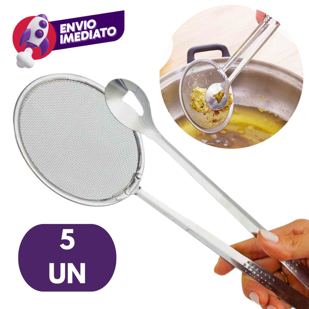 Kit Escumadeira Fritura 2 Em 1 Com Pegador Pinça E Peneira Inox Pastel Peixe Batata Salgados