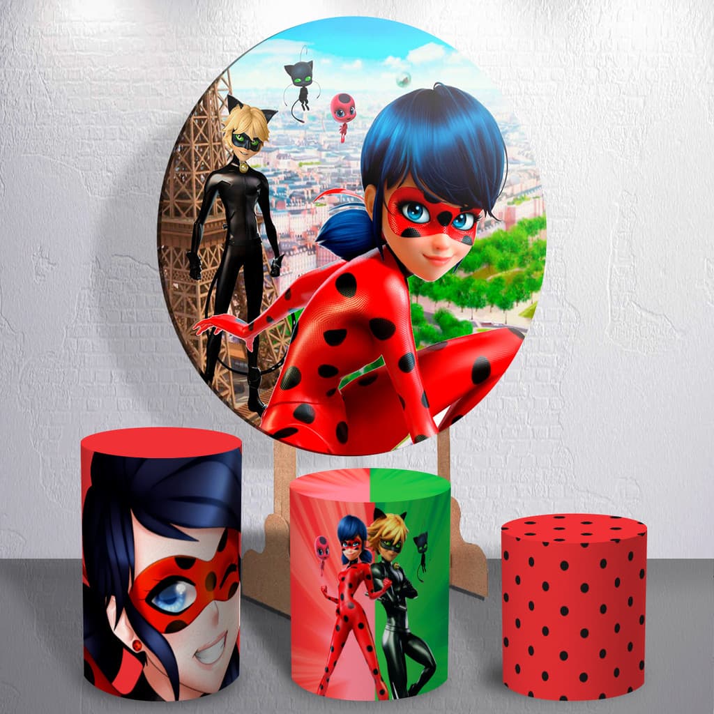 Painel Festa Infantil Redondo Com Capas Trio De Cilindro Tema Menina Heroína Joaninha Decoração