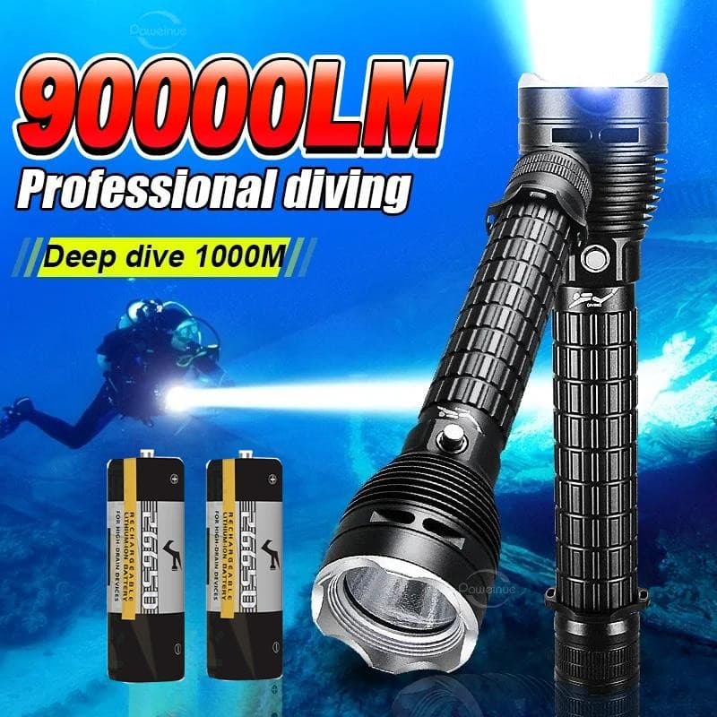 Lanterna De Mergulho Profissional Poderosa , 90000LM Para , Tocha Subaquática Recarregável , Lâmpada À Prova D'água IPX8