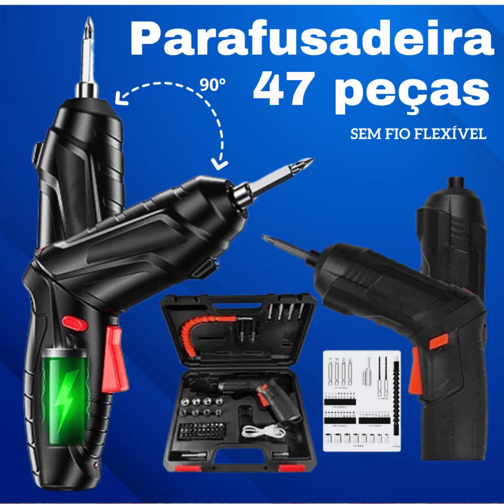 Parafusadeira Elétrica Sem Fio 4.2V Flexível 90º USB Portátil Recarregável Bivolt 47 Peças Furadeira