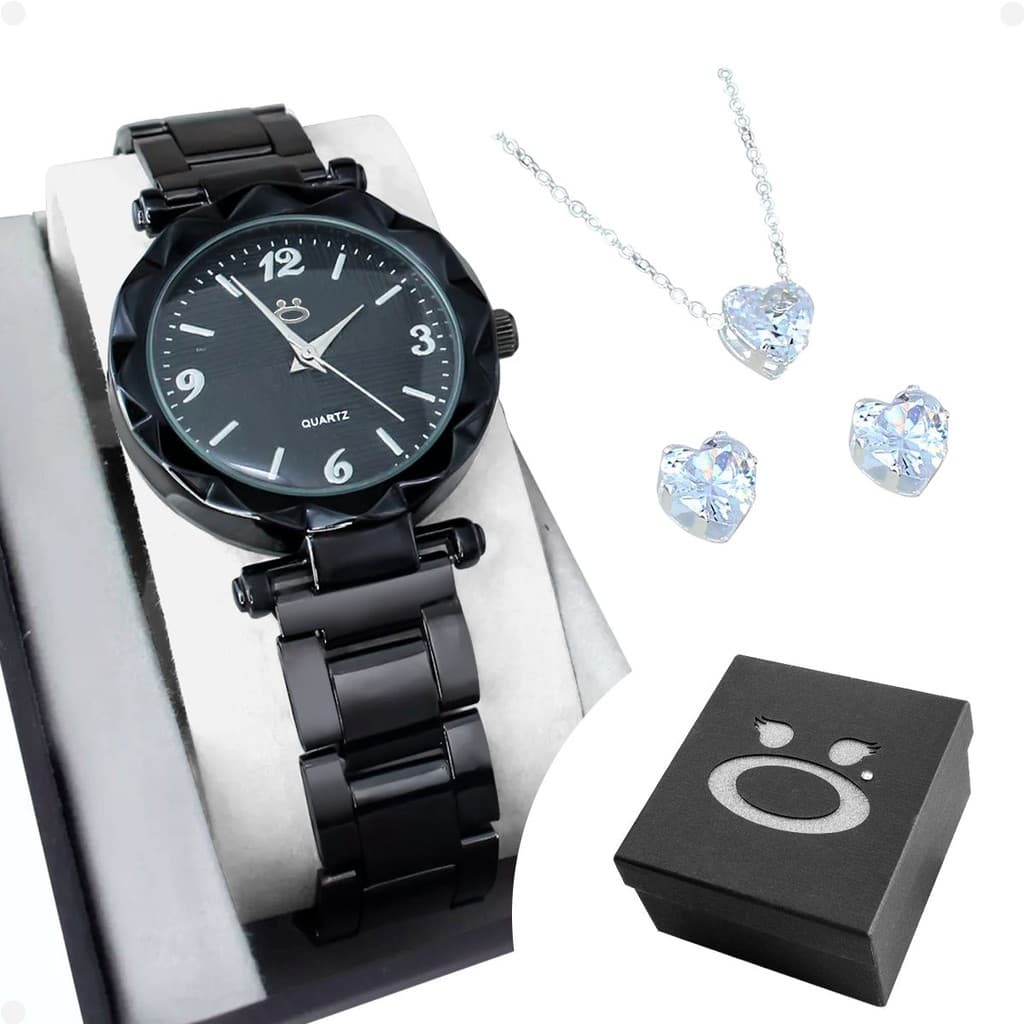 relogio feminino preto aço + brincos + caixa inoxidável social qualidade premium black piano