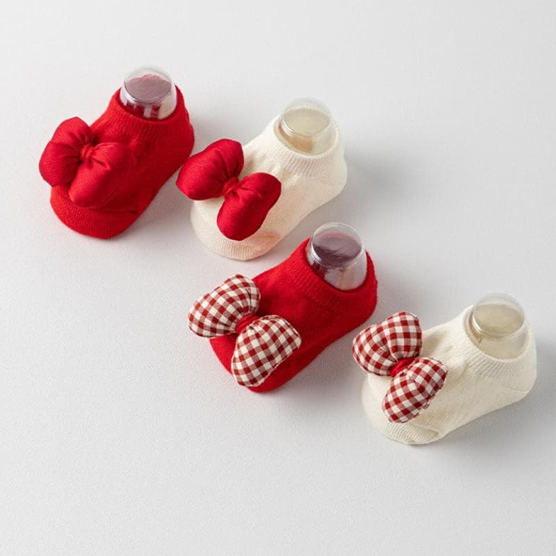 Meias De Bebê Com Laço Vermelho , Lindas Meninas , Algodão Antiderrapantes Para Chão , Barco , Caminhada Interna , Apren