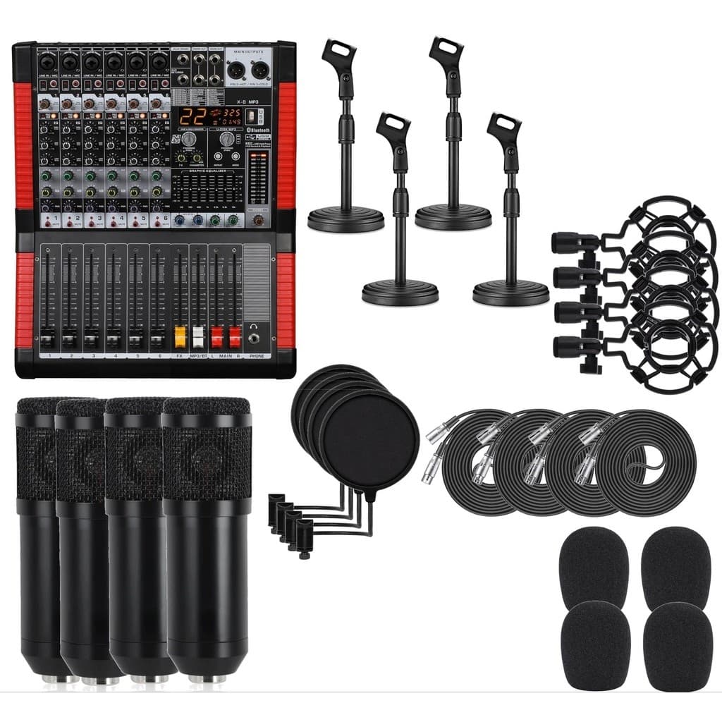 Kit Podcast Mesa, Mixer 6 Canais, Pedestal Base Redonda Mesa, Microfone Condensador, Filtro Pop Filter