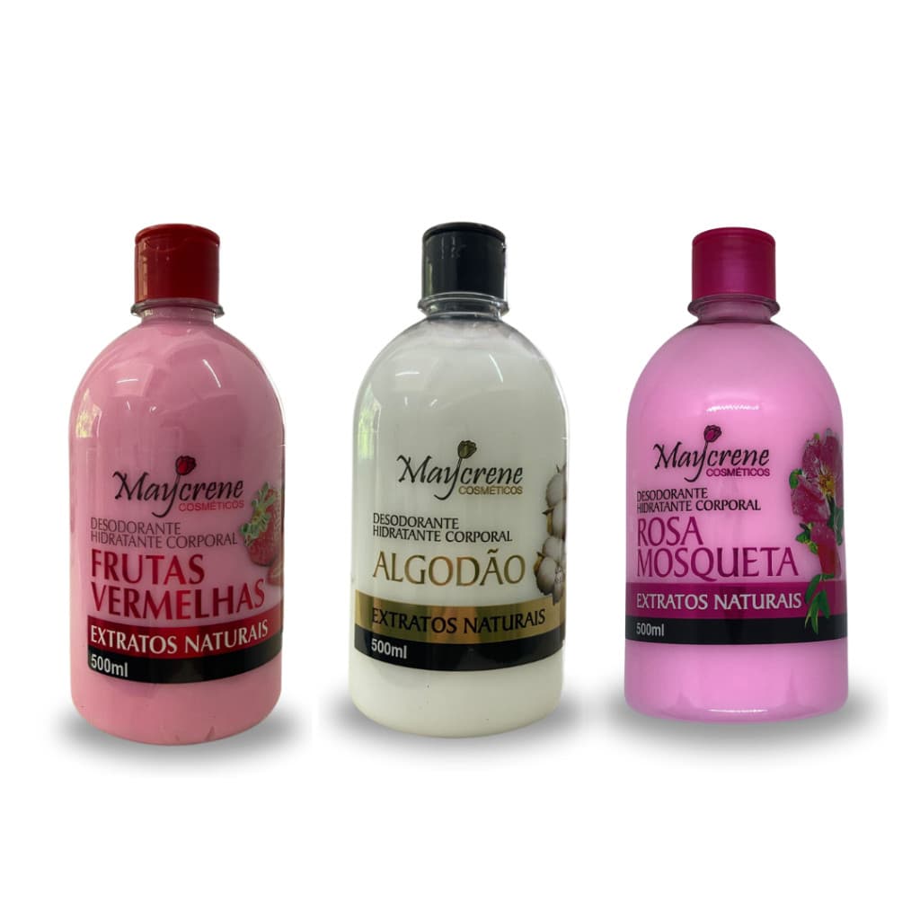 Kit 3 Desodorantes Hidratantes  Maycrene - Rosa Mosqueta + Algodão + Frutas Vermelhas