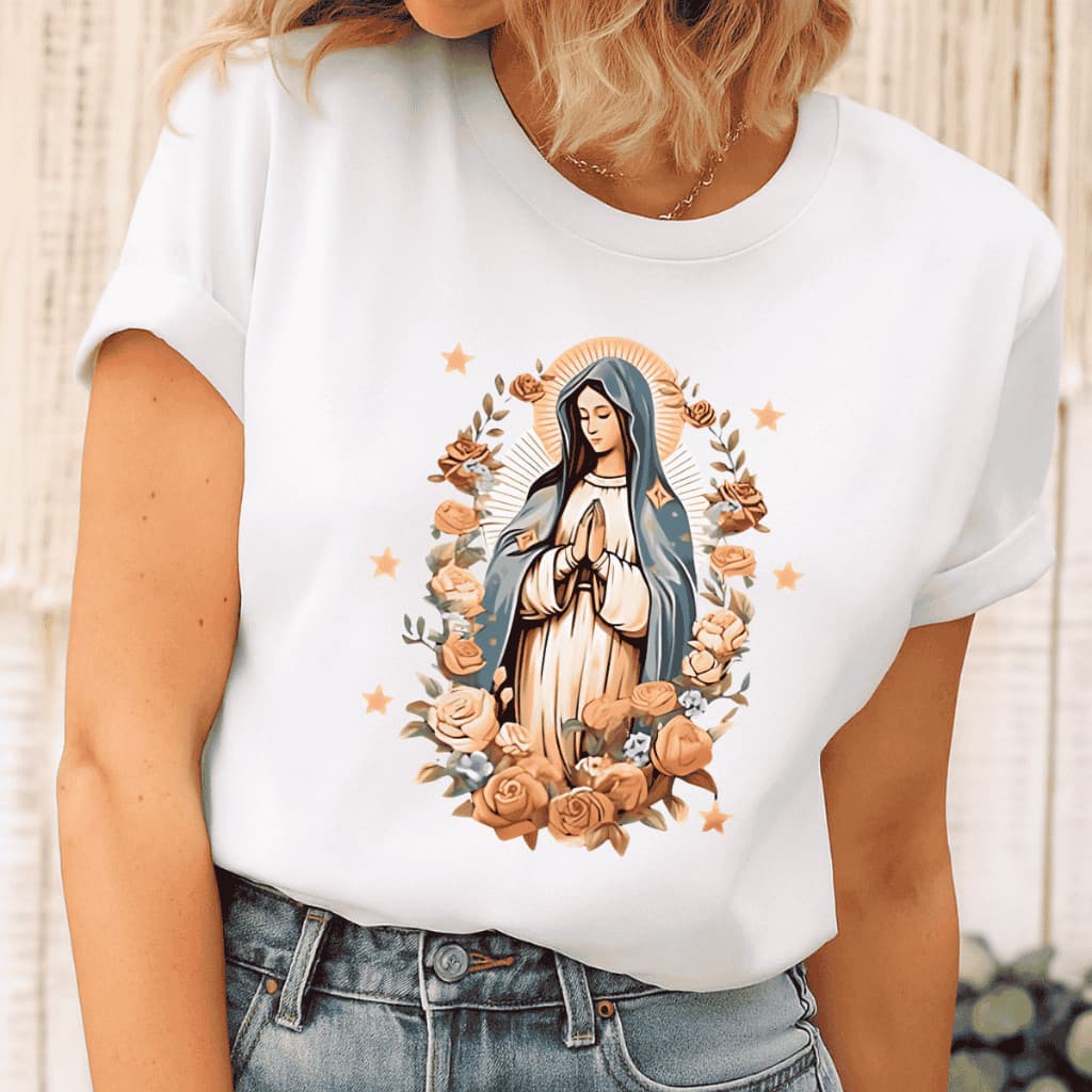 Camiseta Blusa Feminina Virgem Maria Algodão Estampa Religiosa Católica Casual Conforto Versátil