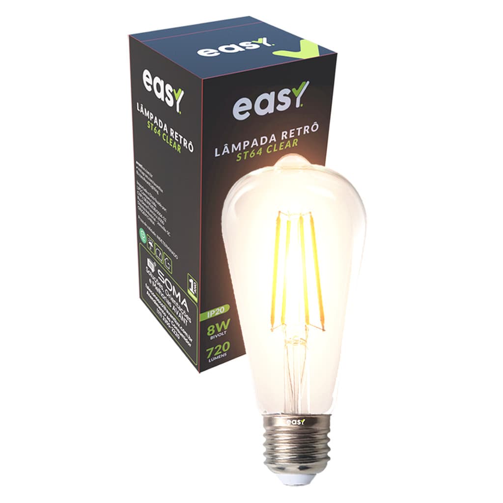 Kit 1 a 3 Lâmpadas Led ST64 Vintage Clear 8w 2400k Branco Quente E27 Bivolt Easy