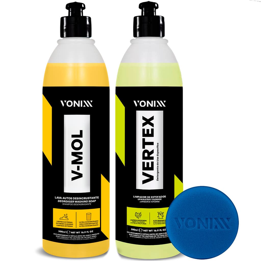 KIT Shampoo Automotivo Vonixx V-Mol 500ml Lava Autos Carro Moto + Lava Banco Limpador Estofados Automotivo Vertex 500ml