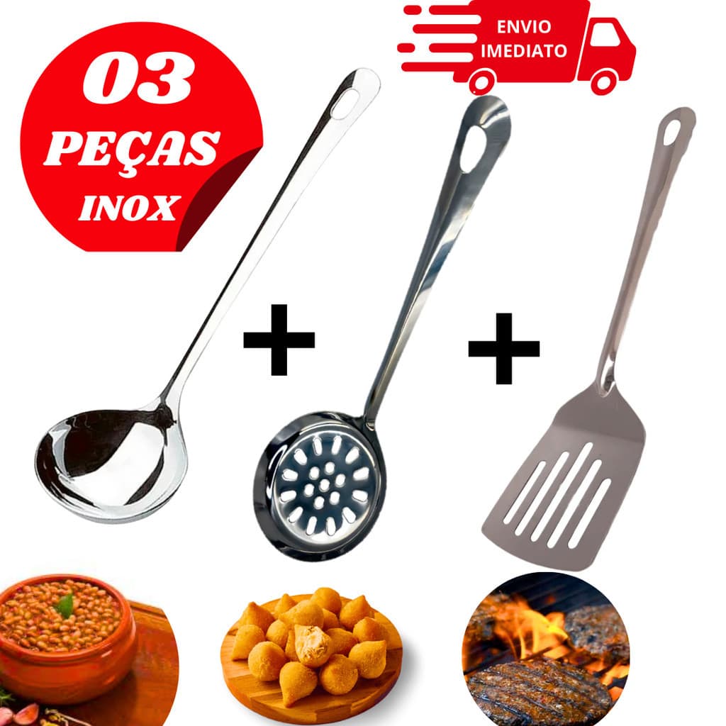 Kit de Cozinha Aço Inox 3 Peças Escumadeira Concha de Feijao e Espatula Vazada