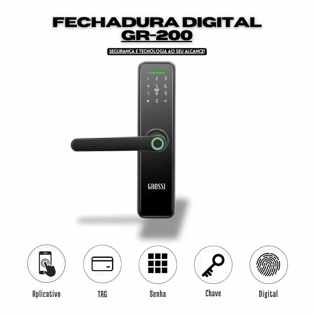 FECHADURA ELETRÔNICA DIGITAL GROSSI GR-200 PRETA EMBUTIR - APP/DIGITAL/SENHA/TAG/CHAVE