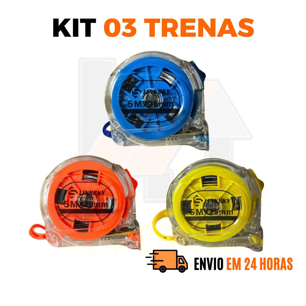 Kit Trena Métrica 5 Metros Transparente Fita de Aço Profissional com Trava