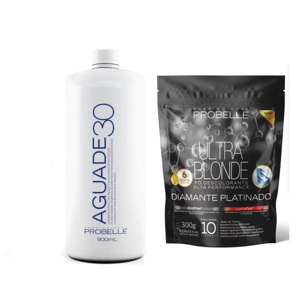 KIT ÁGUA OXGENADA 900ML 30V + PÓ DESCOLORANTE DIAMANTE PLATINADO  STAND POUCH 300G PROBELLE