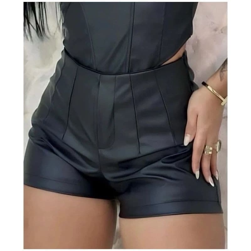 Short feminino zar cintura alta couro fake courino com bolso
