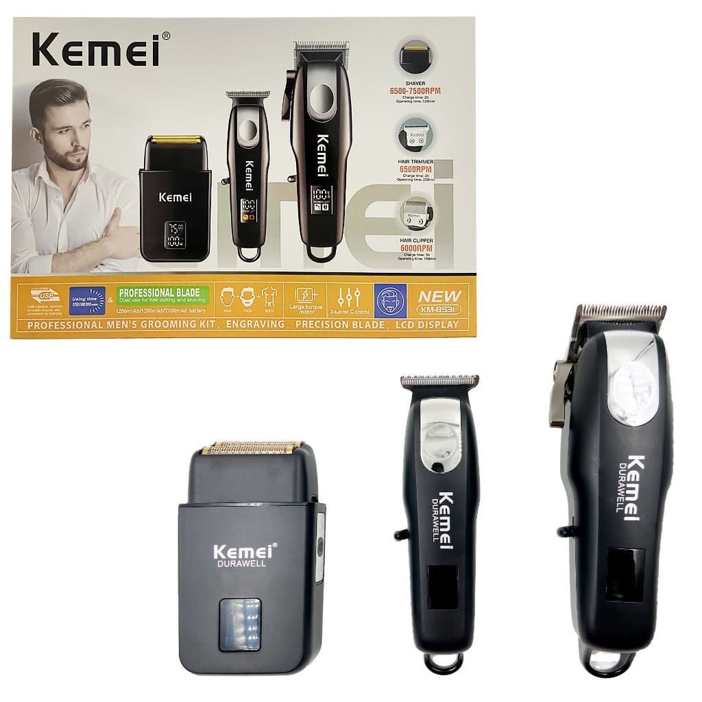 KIT KEMEI 3 EM 1 KM-8531 CABELO + ROSTO + CORPO BIVOLT SEM FIO SHAVER HAIR TRIMMER CLIPPER PORTATIL
