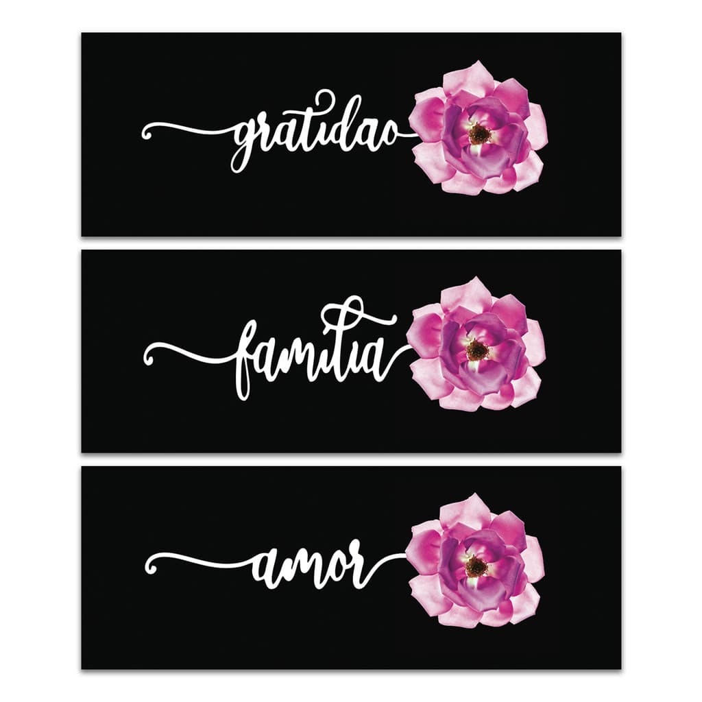 Kit 3 Placas Decorativas Frase Gratidão Família 40x15 cm Mdf