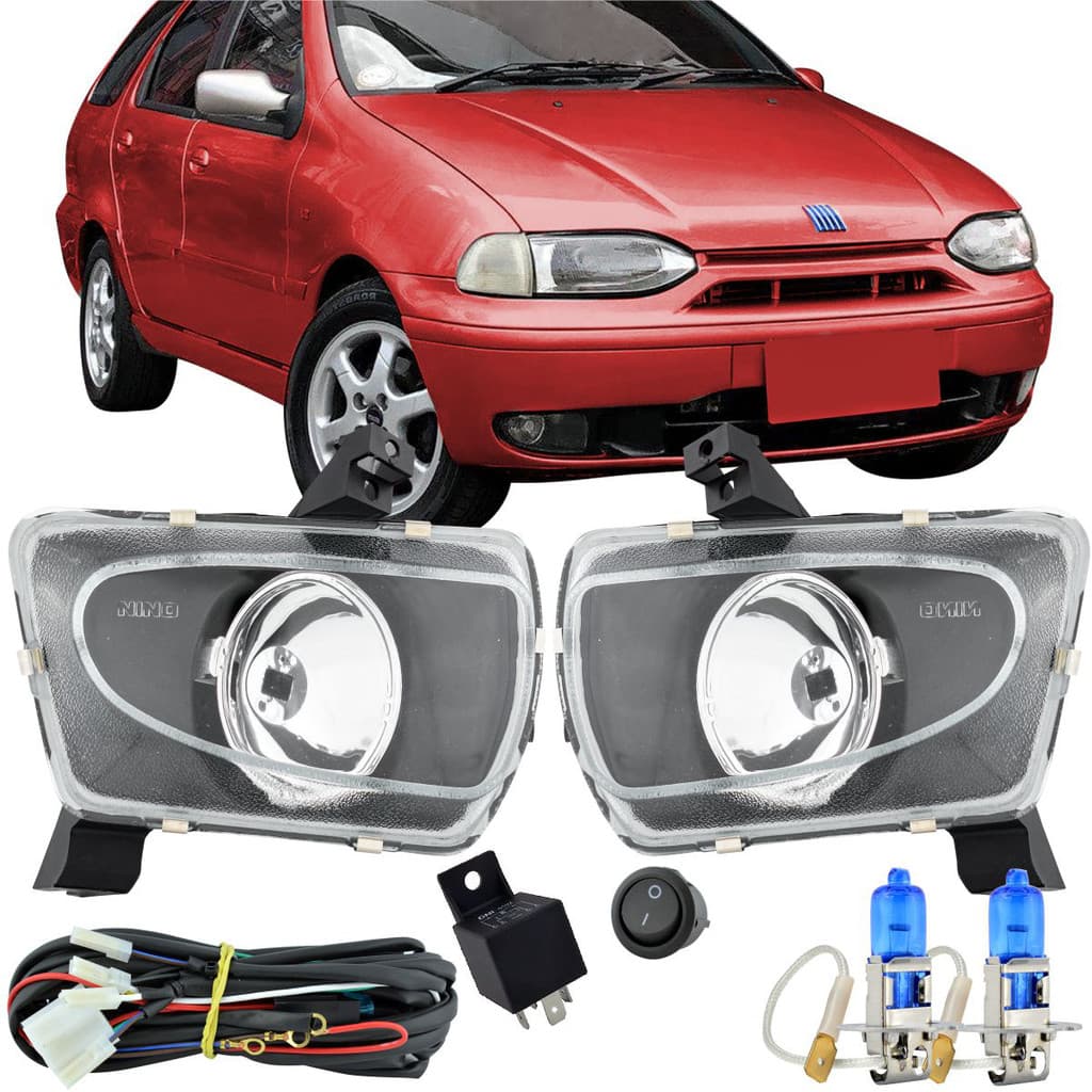 Kit Faróis de Milha C/ Lâmpada Palio G1 1996 à 2000 Vidro + Chicote