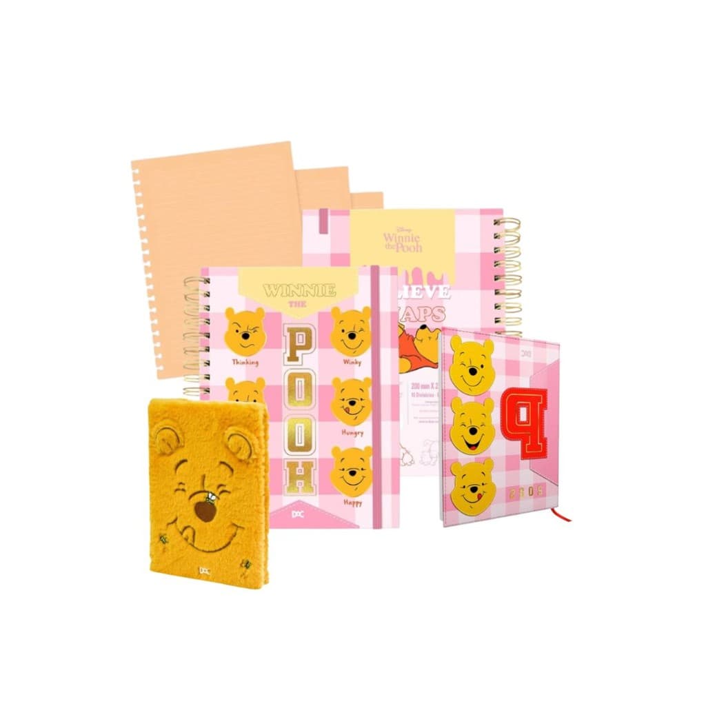 Kit Material Escolar Ursinho Pooh com 2 Cadernos Smart Anotações 1 Agenda Rosa 2025 e 1 Refil Folhas