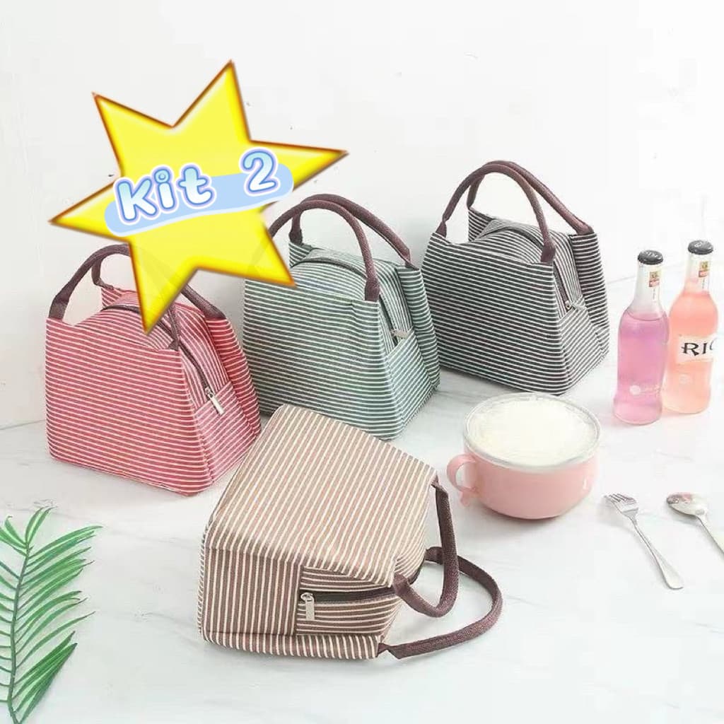 Kit 2 Bolsa Térmica Fitness Marmita Viagem Nécessaire Eco Listras Radimi