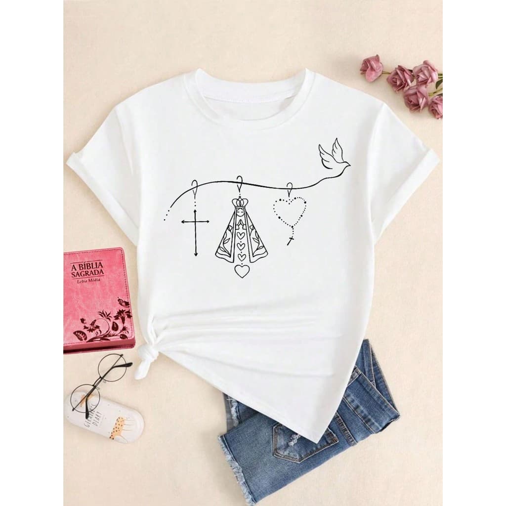 Blusa t shirt Nossa Senhora Aparecida terço espirito santo,católica cristã feminina plus size