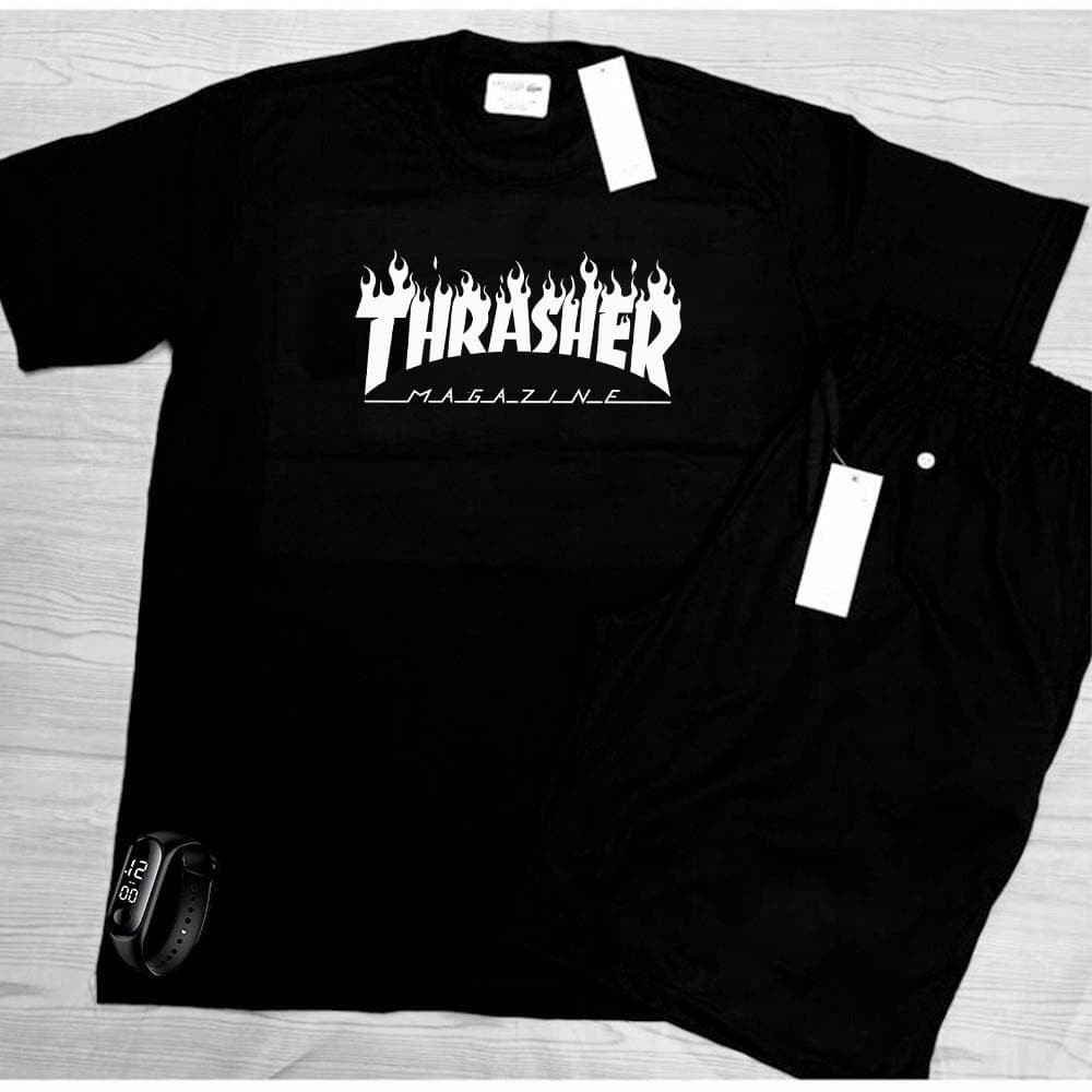 Kit Verão Bermuda Camiseta Algodão Tumblr Thrasher + Relógio Digital