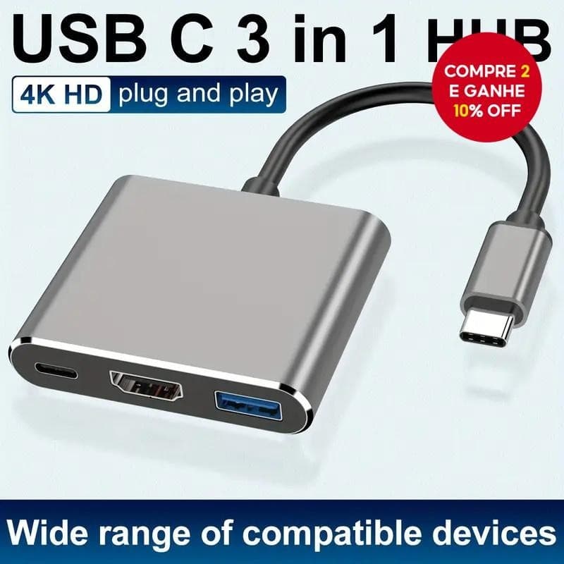Hub Adaptador Usb-C 3 em 1 Thunderbolt 3 HDMI 4K Usb 3.0 PD 60w P/ Notebook/ Pc/ Computador