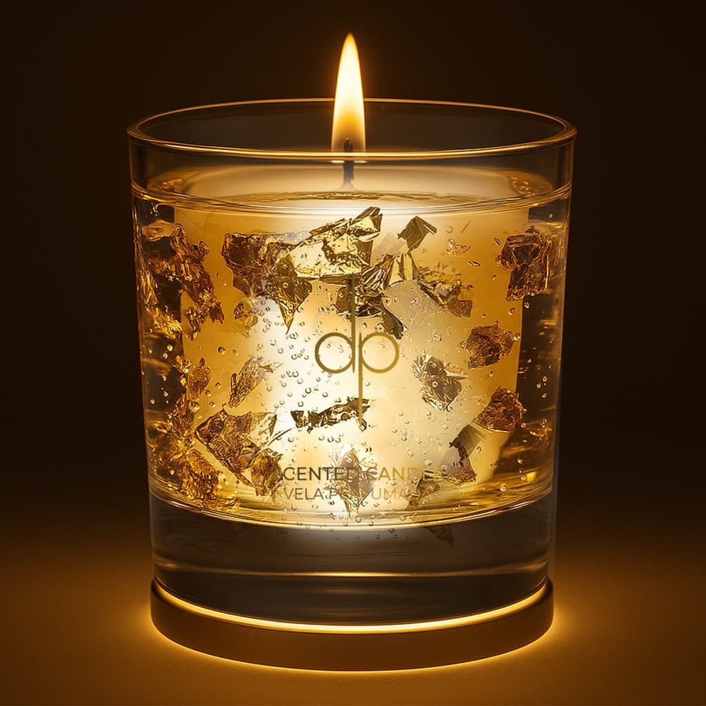 Vela Aromática Perfumada Gold 22k com base LED iluminadora Com Folhas de Ouro | Purifica o ambiente, prosperidade